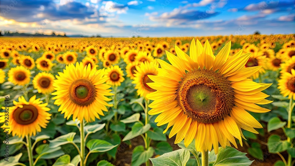 Fototapeta premium Vibrant yellow sunflowers in a field during summertime, sunflowers, yellow, vibrant, field, flowers, petals, blooms, nature