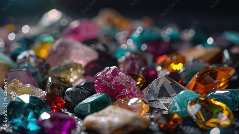 A collection of sparkling gemstones on dark background A collection of sparkling gemstones on dark background
