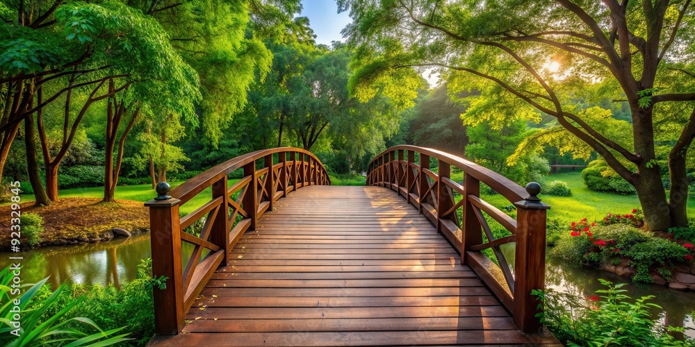 Wooden bridge surrounded by lush greenery in the park , park, nature, outdoors, wooden structure, footbridge, tranquil, peaceful Wooden bridge surrounded by lush greenery in the park , park, nature, outdoors, wooden structure, footbridge, tranquil, peaceful
