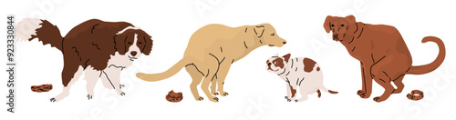 Set with pooping dogs. Keeping and walking pets. Responsibility for your pet and the environment. Vector cartoon illustration isolated on transparent background.