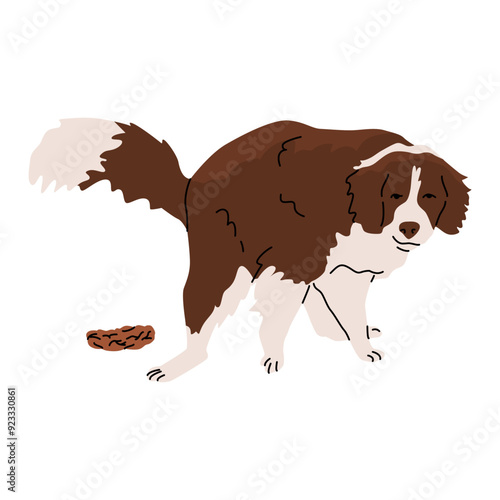 Pooping dog. Maintenance and care of pets. Responsibility for the pet and the environment. Vector cartoon illustration isolated on a transparent background.