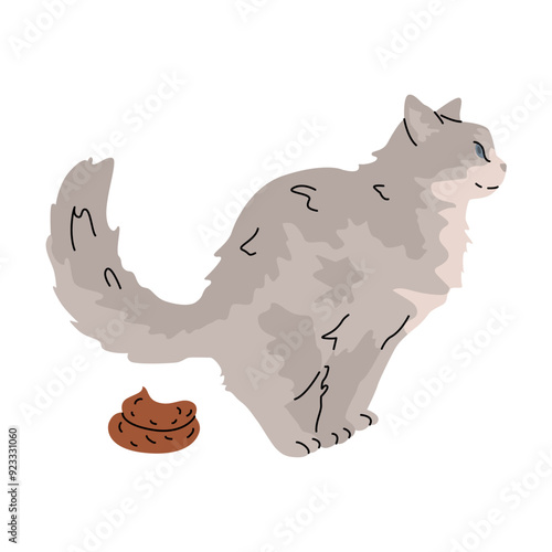 Pooping cat. Maintenance and care of pets. Responsibility for the pet and the environment. Vector cartoon illustration isolated on a transparent background.
