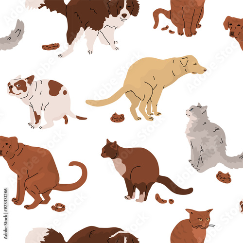 Endless, seamless pattern with pooping dogs and cats. Keeping and walking pets. Responsibility for your pet and the environment. Vector illustration isolated on a transparent background.