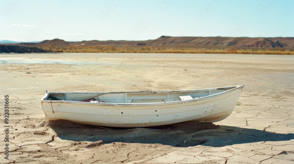 An abandoned, weathered rowboat sits on parched, cracked earth under a clear sky, symbolizing desolation and the impacts of a harsh environment. An abandoned, weathered rowboat sits on parched, cracked earth under a clear sky, symbolizing desolation and the impacts of a harsh environment.
