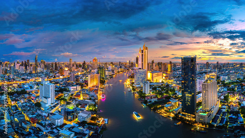 Photography Aerial view of Bangkok city at twilight, Thailand.