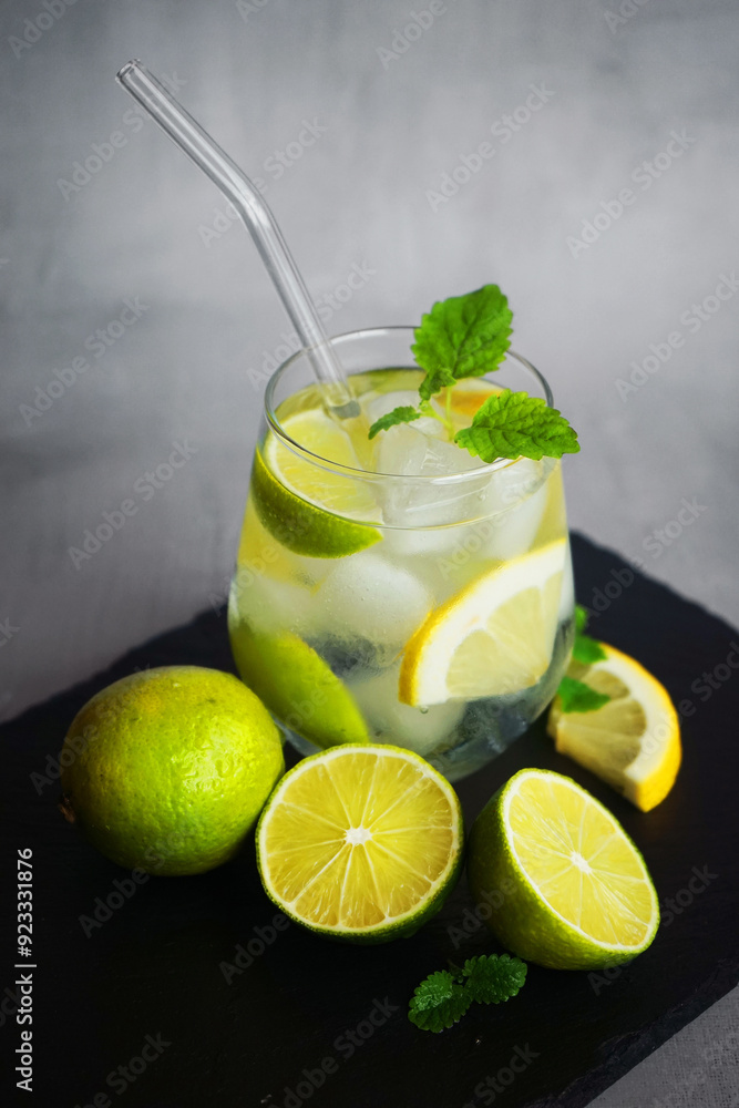 Fototapeta premium Glass with soda, ice, mint, lemon and lime slices next to cut citrus fruits and ice cubes on a black tray on a gray background