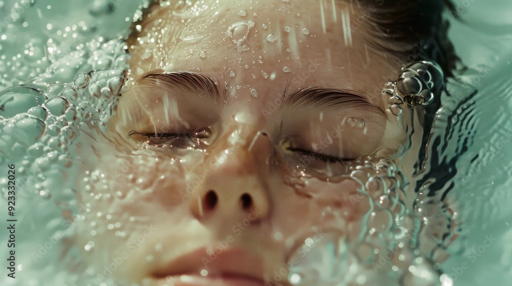 A face immersed underwater with closed eyes and bubbles clinging to the skin, evoking a sense of calm, tranquility, and immersion. A face immersed underwater with closed eyes and bubbles clinging to the skin, evoking a sense of calm, tranquility, and immersion.