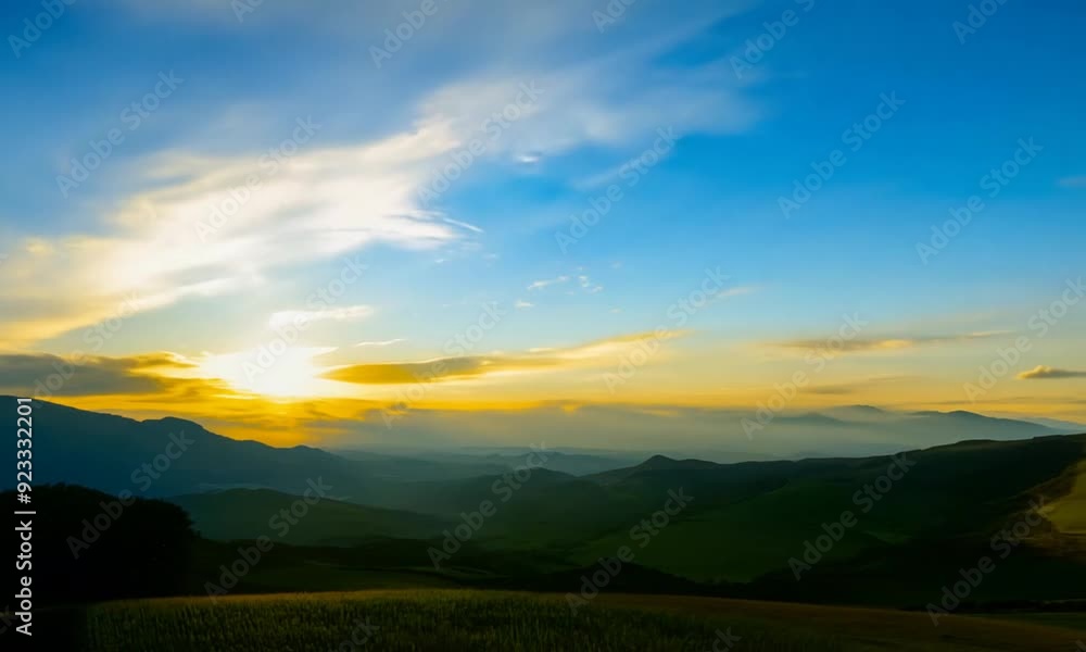 A breathtaking panorama of a mountain landscape bathed in the warm glow of the setting sun A breathtaking panorama of a mountain landscape bathed in the warm glow of the setting sun