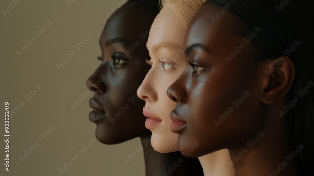 Fototapeta premium Three diverse women stand in profile against a neutral background, their faces dramatically lit to highlight different skin tones.
