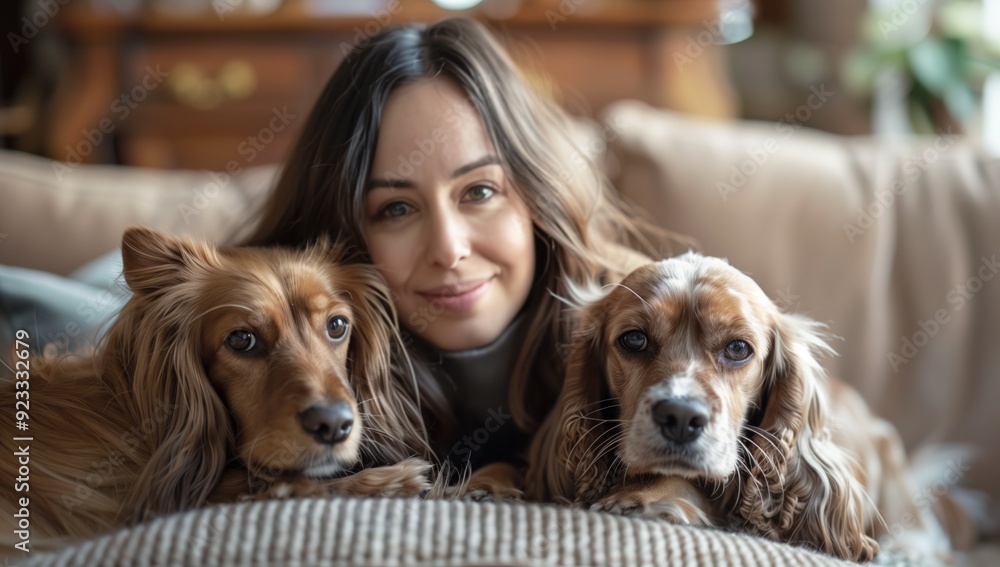 Beautiful young woman with cute dogs on the sofa in the room. Beautiful young woman with cute dogs on the sofa in the room.