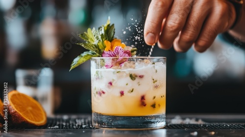 A bartender is crafting a vibrant yellow-orange cocktail with a colorful floral garnish in a short glass, creating a lively and engaging atmosphere in an elegant setting. photo