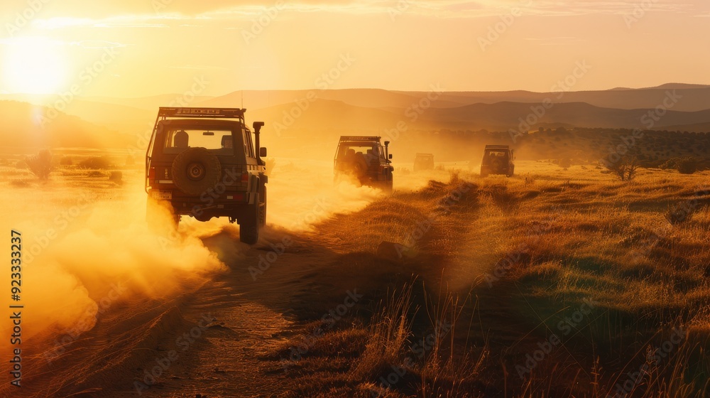 Fototapeta premium Off-road vehicles kick up dust as they traverse a rugged trail at sunset, highlighting adventure, exploration, and the spirit of the wild outdoors.