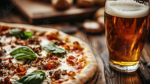 A delicious pizza topped with basil leaves alongside a frothy glass of beer, showcased on a rustic wooden table setting, perfect for a casual meal or party.