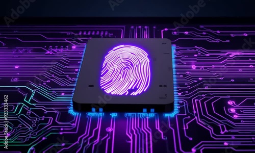 A blue printed circuit board with a fingerprint chip represents the intersection of technology and security in the digital age