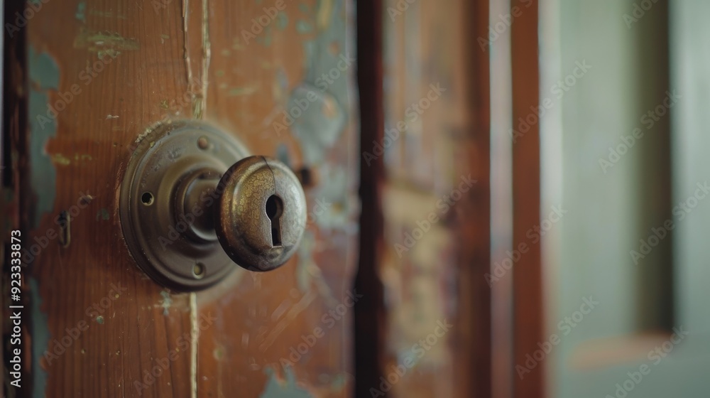Fototapeta premium A close-up of an aged, wooden door with an antique keyhole, showcasing its timeless, rustic charm.