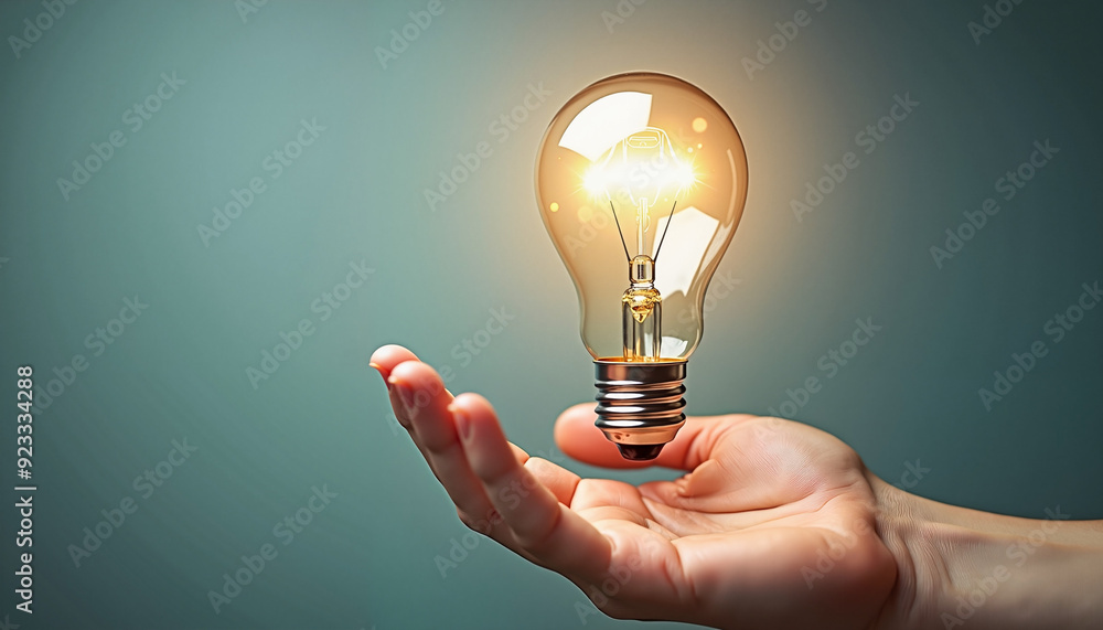 Hand holding glowing light bulb against green background Hand holding glowing light bulb against green background