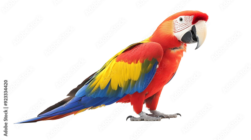 Fototapeta premium Magnificent Macaw Parrot Perched on White Background transparent png in Photography