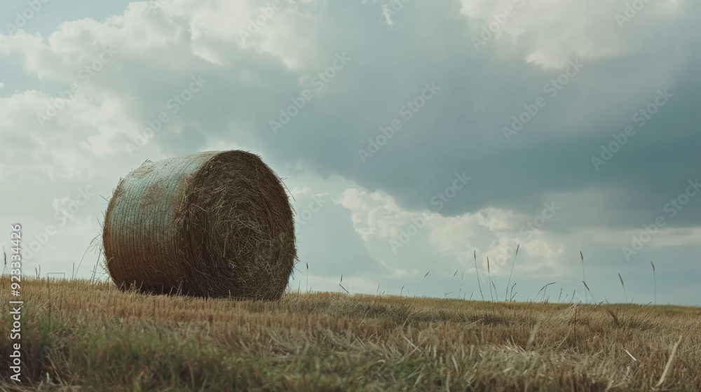 A solitary hay bale rests under a dramatic sky on a vast grassland, creating a serene and picturesque agricultural landscape. A solitary hay bale rests under a dramatic sky on a vast grassland, creating a serene and picturesque agricultural landscape.