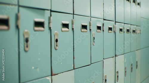 A row of vintage lockers in a soft teal color, each with its own lock and hint of wear, evokes nostalgia and stories of the past. photo