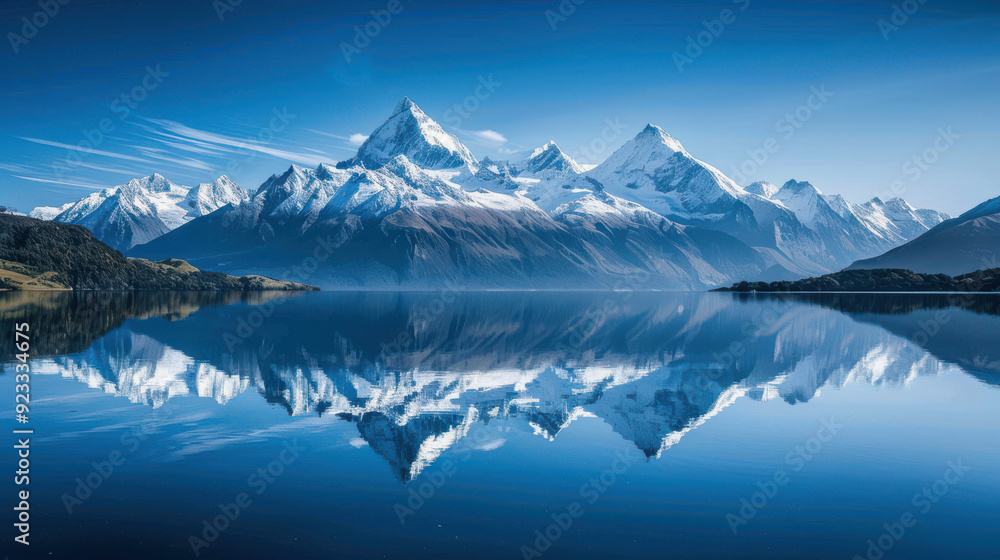 custom made wallpaper toronto digitalA stunning panorama of snow-capped mountains reflected in a calm alpine lake, with the sky a deep blue.