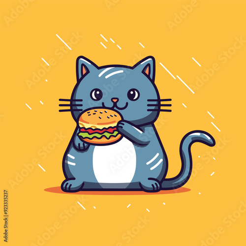 illustration of a cute foodie cat eating a burger