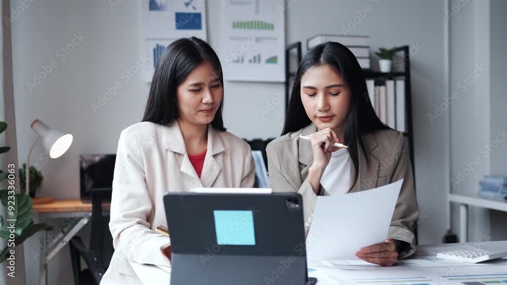 Two female professionals collaborating, discussing documents in a modern office with laptop, charts, and graphs. Engaged in teamwork and project planning. Captures a productive work environment