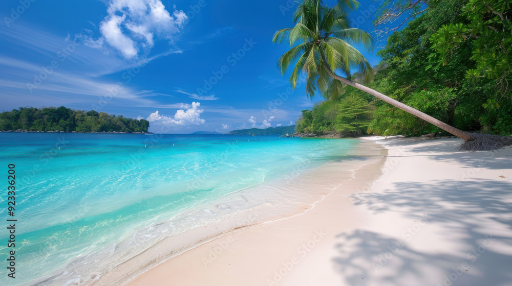 Fototapeta premium A tranquil beach with crystal-clear turquoise waters, white sandy shores, and gently swaying palm trees.