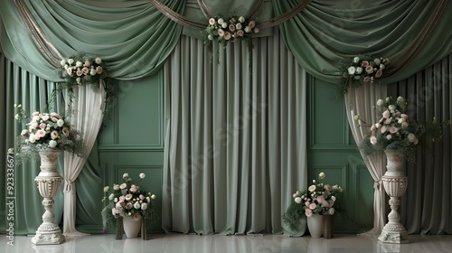 Floral decorations on a green wall. A room with sage green drapes, floral arrangements, and ornate vases.