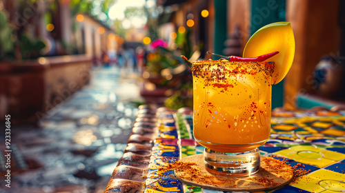 A spicy mango margarita with chili powder on the rim, garnished with a slice of fresh mango and a chili pepper, set on a vibrant Mexican tile table with a view of a bustling street market photo