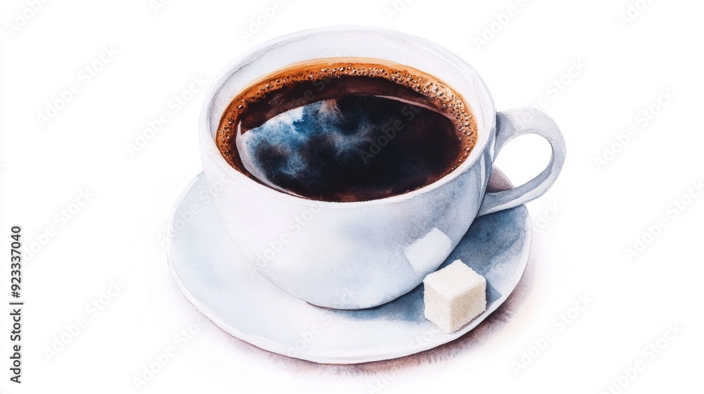 Obraz premium Watercolor painting of a simple and elegant black coffee cup with sugar cubes isolated on a clean white background