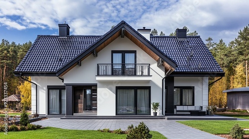 white two-story family house with a black roof featuring gable and flat tiles.