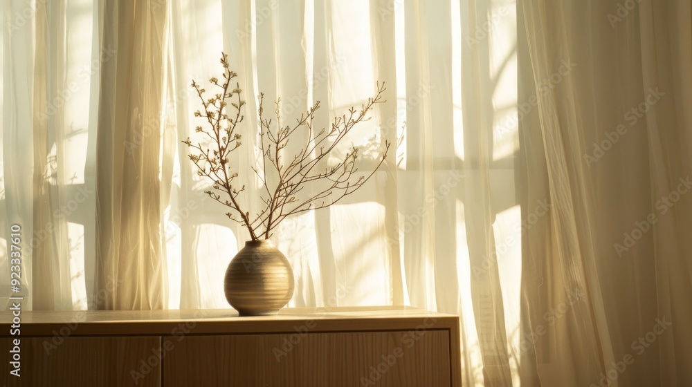 A minimalist scene showcasing a ceramic vase with delicate branches, bathed in warm, soft sunlight filtering through sheer curtains on a wooden cabinet. A minimalist scene showcasing a ceramic vase with delicate branches, bathed in warm, soft sunlight filtering through sheer curtains on a wooden cabinet.