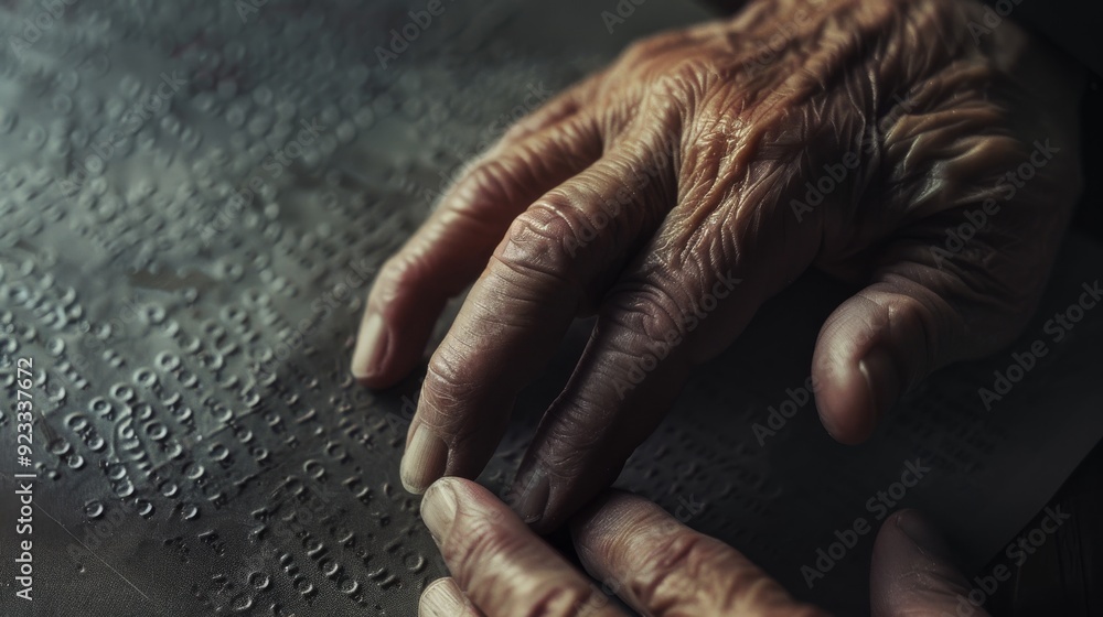A pair of aged, wrinkled hands gently read Braille on a metal surface, capturing the poignant touch and keen sense of the visually impaired. A pair of aged, wrinkled hands gently read Braille on a metal surface, capturing the poignant touch and keen sense of the visually impaired.