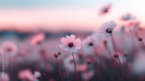 A close-up view of delicate pink flowers swaying against a soft, pastel-colored sky, invoking feelings of softness, beauty, and the gentle essence of springtime. photo