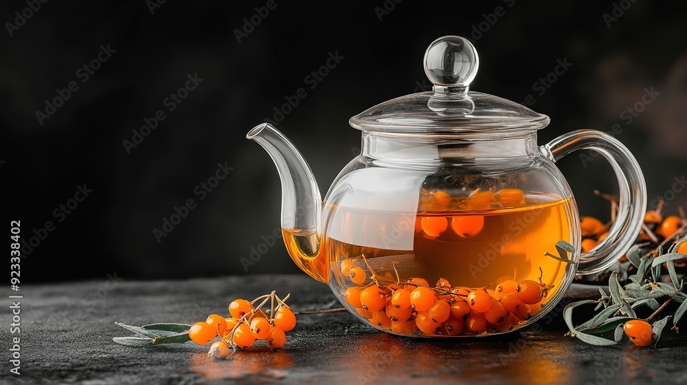 Modern Glass Teapot with Transparent Lid Filled with Bright Orange Sea Buckthorn Tea: Sea Buckthorn Berries and Greenery on Black Background Modern Glass Teapot with Transparent Lid Filled with Bright Orange Sea Buckthorn Tea: Sea Buckthorn Berries and Greenery on Black Background