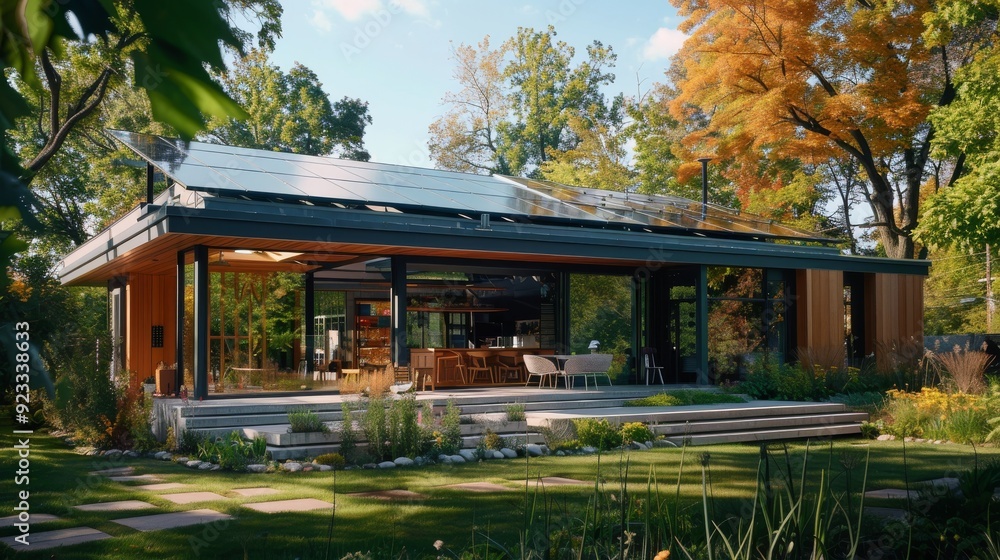 A modern, eco-friendly house with large windows and solar panels, situated in a lush green backyard with a well-maintained garden. A modern, eco-friendly house with large windows and solar panels, situated in a lush green backyard with a well-maintained garden.