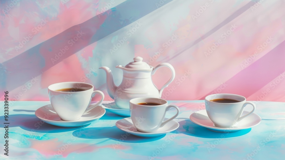 An elegant tea set with white cups and a teapot against a pastel-colored backdrop, dappled with soft light, evoking a tranquil and refined atmosphere. An elegant tea set with white cups and a teapot against a pastel-colored backdrop, dappled with soft light, evoking a tranquil and refined atmosphere.