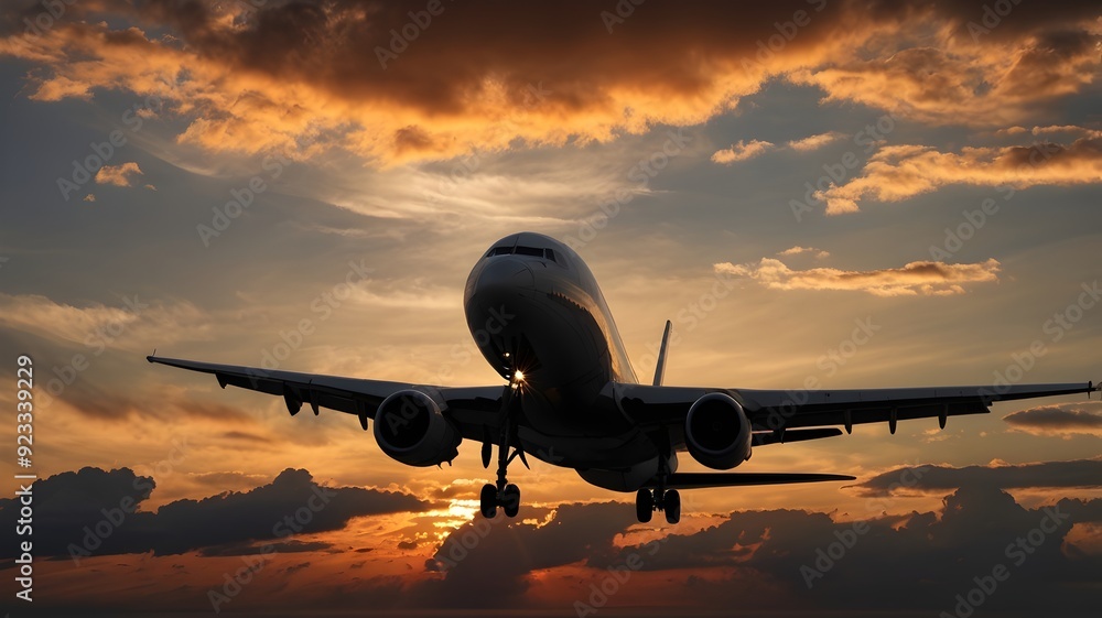 Silhouette of an airplane at sunset with a cloud spreading on the horizon
Silhouette of an airplane at sunset with a cloud spreading on the horizon