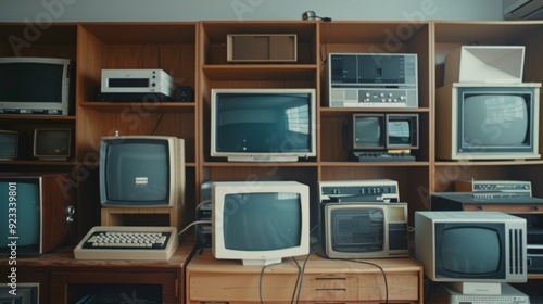 A retro collection of vintage televisions and electronics neatly arranged on wooden shelves in a nostalgic setting.