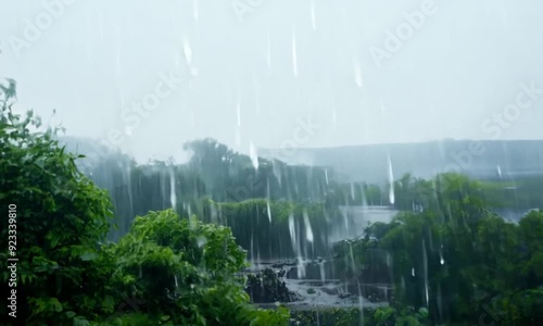 Rain-Soaked Serenity: A tranquil landscape blanketed in a gentle rain, a serene backdrop for contemplation and peace. The soft, ethereal light filtering through the downpour creates a sense of tranqui photo