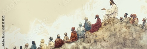 Jesus teaching the Beatitudes on a hill, highlighting themes of divine wisdom and guidance, great for biblical illustration and inspirational imagery