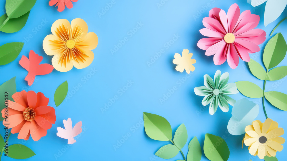 Obraz premium Paper Art Flowers and Leaves on Blue Background