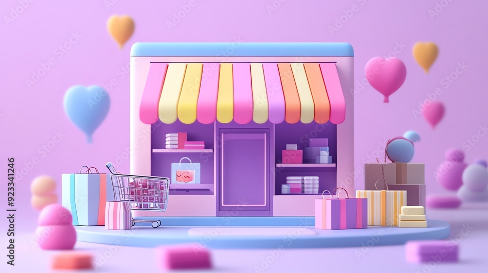 3D Cartoon Store Front with Shopping Cart and Gifts. 3D Cartoon Store Front with Shopping Cart and Gifts.