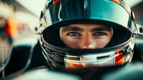 Close-up of a focused race car driver wearing a helmet, ready for a high-speed competition on the track