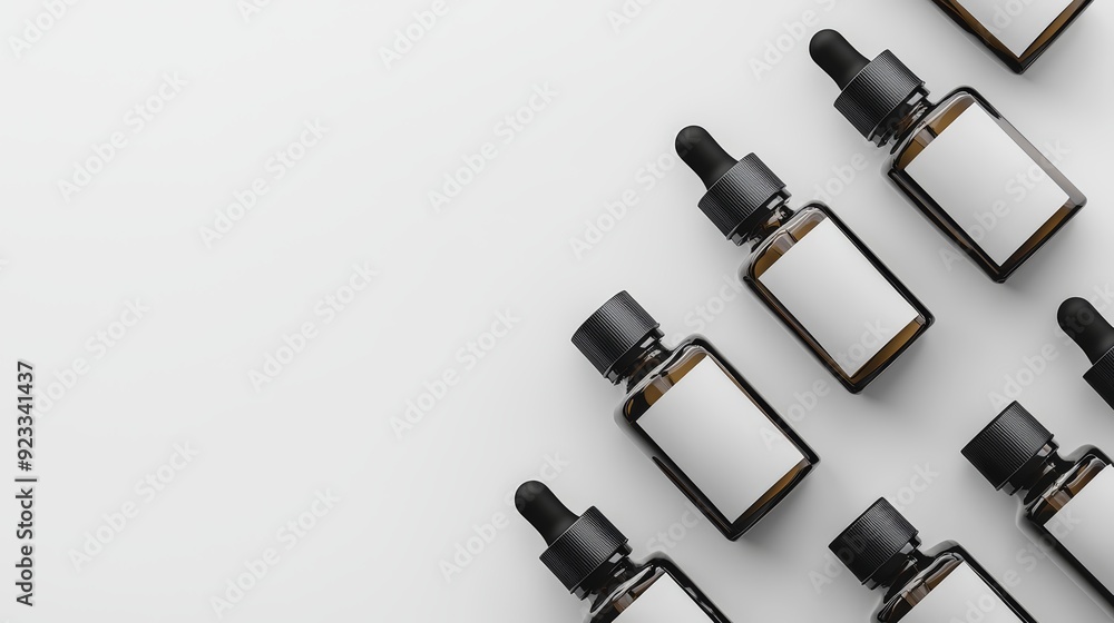 Elegant arrangement of dropper bottles on a minimalist background, perfect for showcasing essential oils or serums. Elegant arrangement of dropper bottles on a minimalist background, perfect for showcasing essential oils or serums.