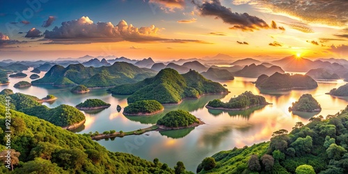 Panoramic view of T? ??ng National Park with a lake, river, and beautiful island archipelago at sunset, Vietnam photo