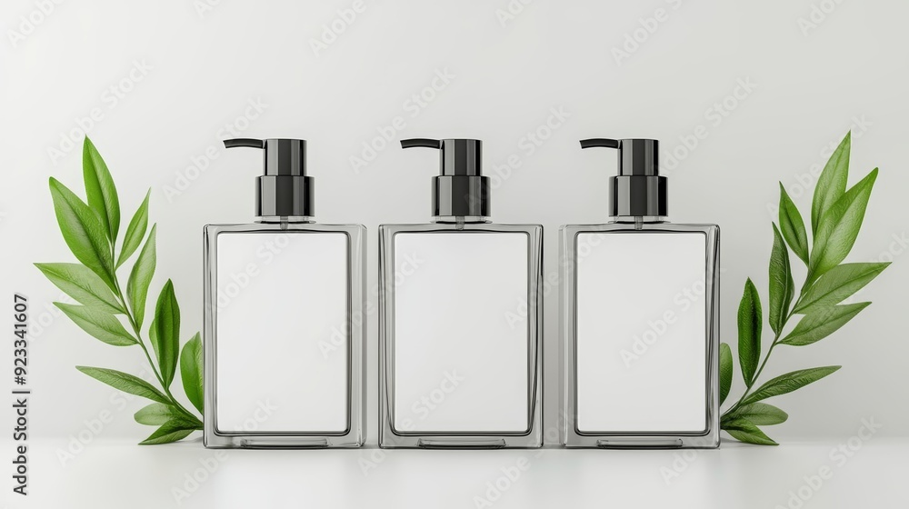 Elegant trio of empty cosmetic bottles surrounded by green leaves, perfect for showcasing beauty and skincare products. Elegant trio of empty cosmetic bottles surrounded by green leaves, perfect for showcasing beauty and skincare products.