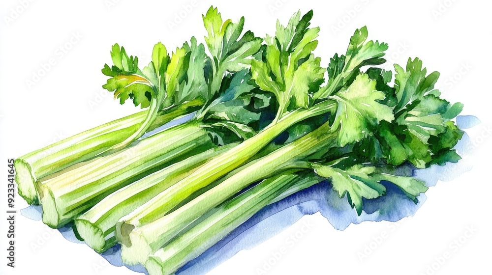 Fototapeta premium Cheerful and Vibrant Watercolor of Celery Stalks with Green Leaves Isolated on a Clean White Background Perfect for Culinary Food and Healthy Lifestyle Designs
