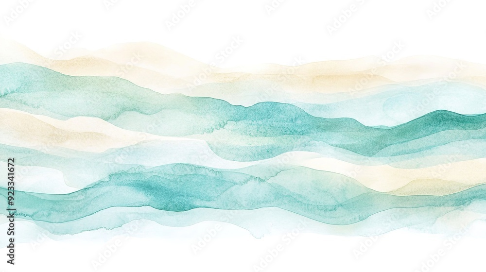 Serene Watercolor Background with Soft Rolling Ocean Waves: Aqua, Turquoise, and Sandy Beige Serene Watercolor Background with Soft Rolling Ocean Waves: Aqua, Turquoise, and Sandy Beige