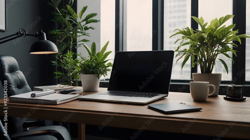 Fototapeta premium Minimalist desk with laptop, plants and notepad in modern office